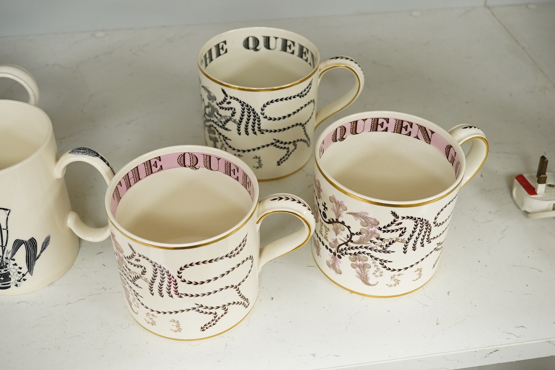 Six Wedgwood Commemorative mugs comprising Eric Ravilious 1953 Coronation of Queen Elizabeth examples and a 1939 Garden Implements example, largest 12cm high (four a.f)
